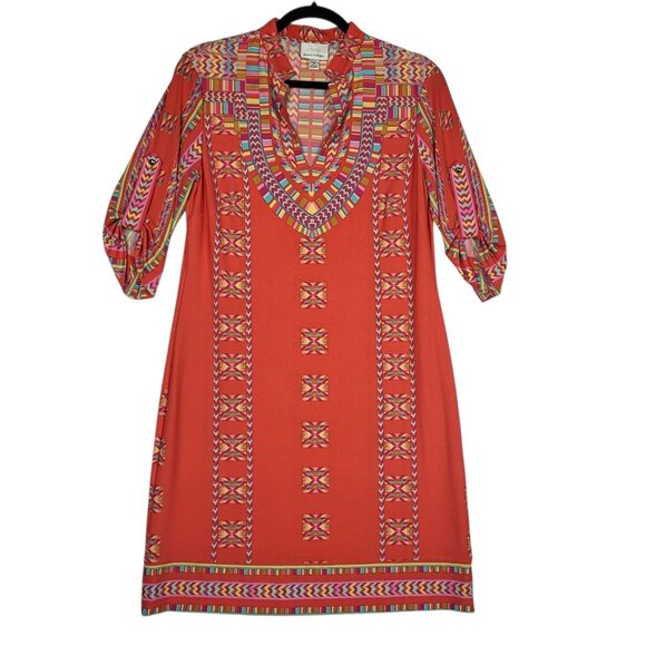Donna Morgan Dress Women's 10 Red Multicolor Boho Roll Tab Sleeve Stretchy - Picture 1 of 9